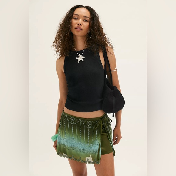 Free People Olive Green Embroidered Mini Wrap Skirt - Picture 2 of 6